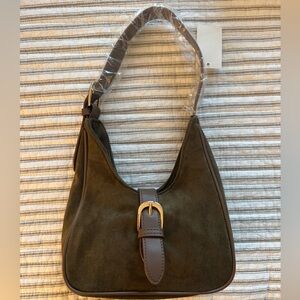 Suede Shoulder Bag with Buckle Strap - Olive Green